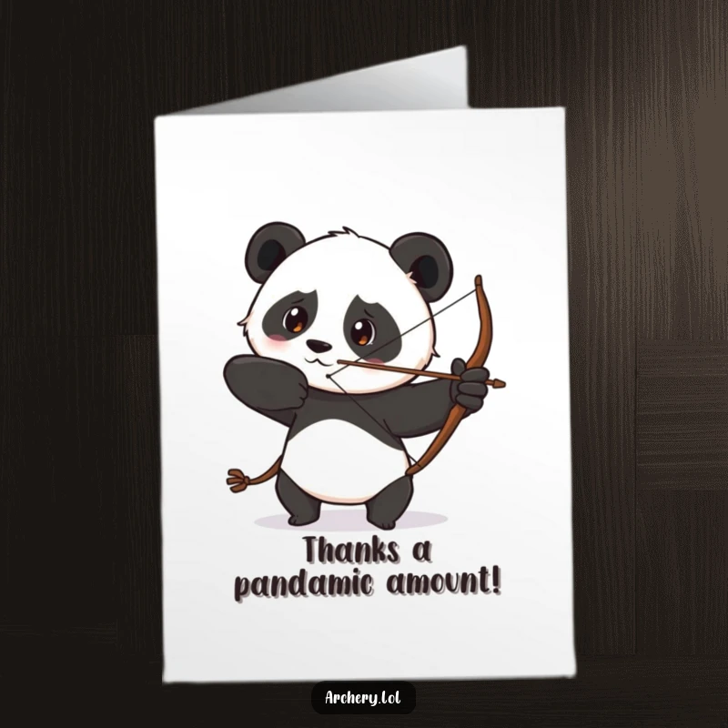 Funny Free Printable Thank You Card: A determined panda draws its bow with a focused gaze, conveying thanks with humorous concentration.