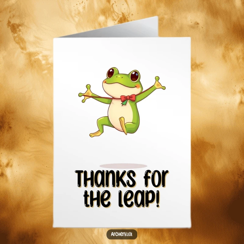Funny Free Printable Thank You Card: A happy, bouncing frog with a silly bow for thanks.