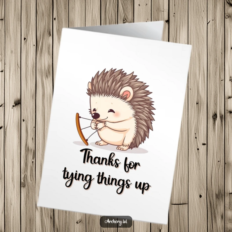 Funny Free Printable Thank You Card: An adorable hedgehog comically tries to string a tiny bow, a sweet way to say thanks.