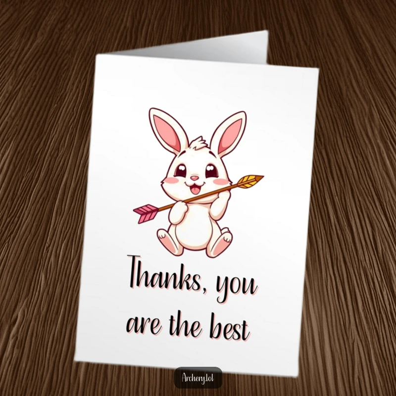 Funny Free Printable Thank You Card: A cheerful bunny archer beaming with gratitude, arrow ready to deliver thanks.
