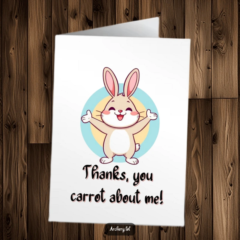 Funny Free Printable Thank You Card: Cheerful rabbit celebrates a bullseye, offering thanks with a humorous, precise touch. Downloadable gift.