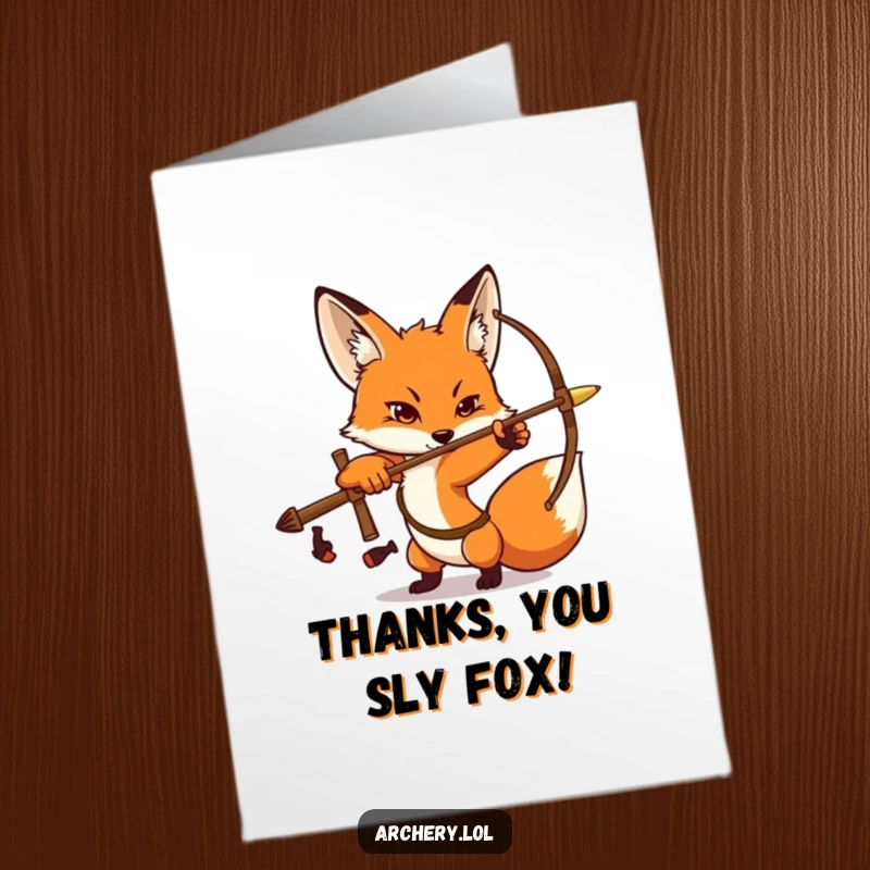 Funny Free Printable Thank You Card: A determined fox in an archery pose, focused on delivering a heartfelt and humorous thank you.