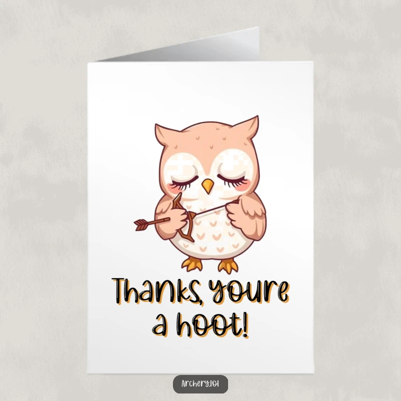 Funny Free Printable Thank You Card: A sleepy owl gently holding a small bow for thanks.