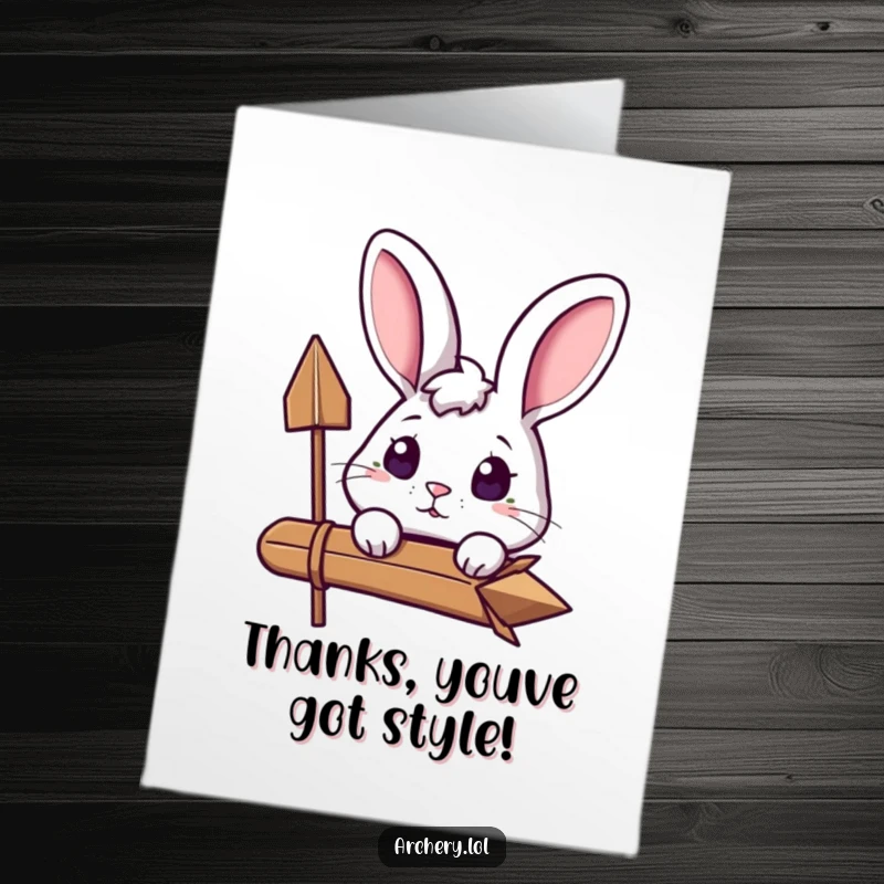 Funny Free Printable Rabbit Thank You Card: Curious rabbit archer peeking over arrow, excited to say thanks, fun DIY gift.