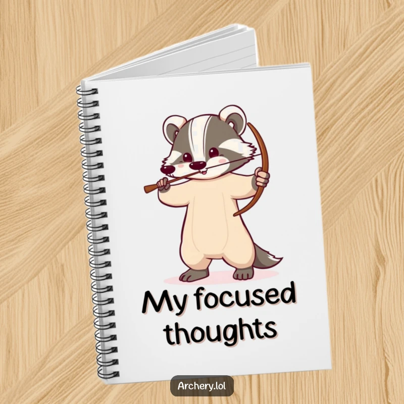 Funny badger notebook showing a determined badger with a drawn bow, ideal for journaling with a touch of woodland focus.