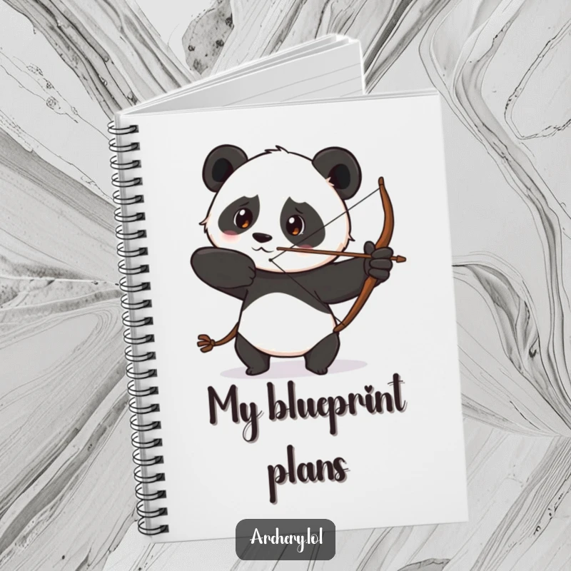 Funny notebook cover with a determined panda drawing its bow with a focused gaze, symbolizing concentration and humor.