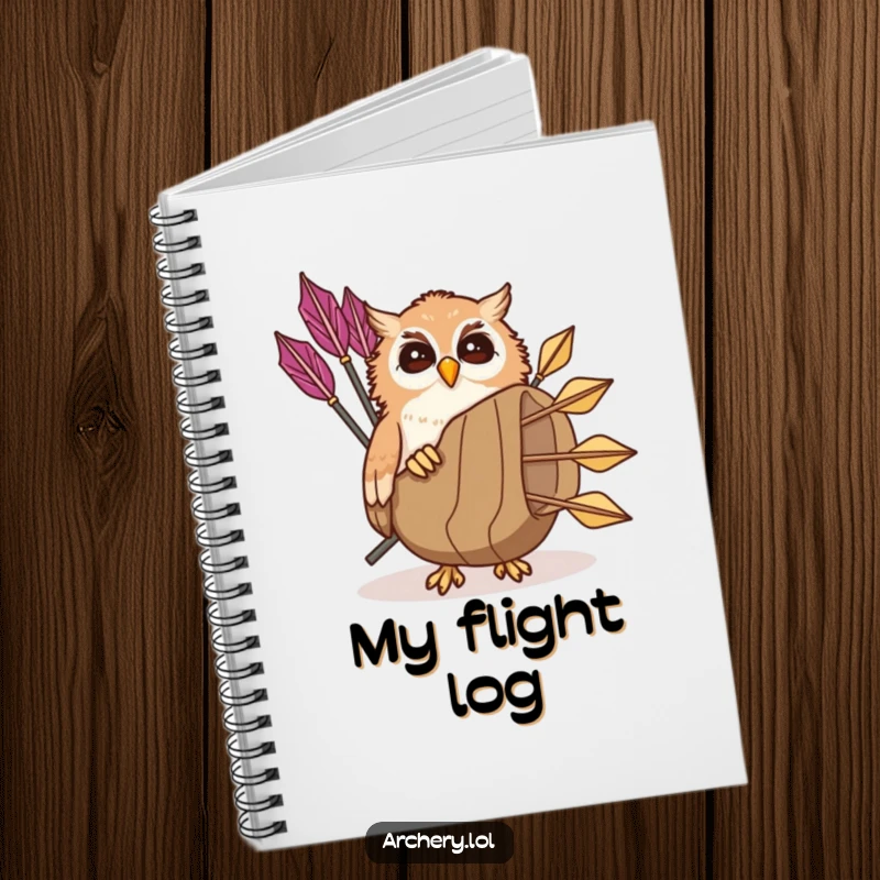 Funny giggling owl notebook with a playful owl peeking from a quiver of arrows, great for journaling and gift.