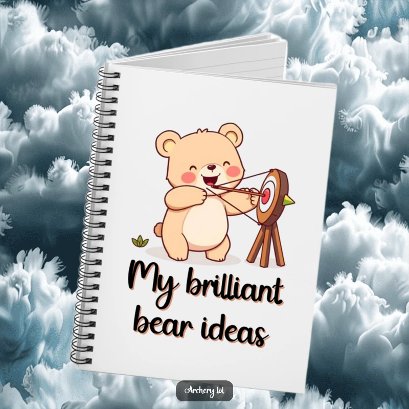 Funny happy bear notebook, aiming an arrow at a target, perfect for journaling and notes.