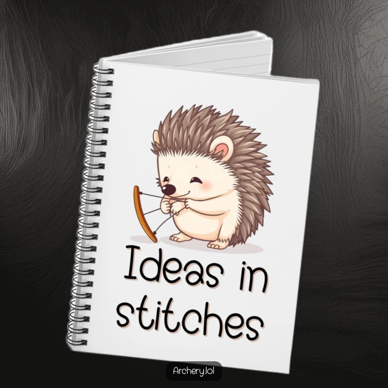 Funny notebook cover with a curious hedgehog concentrated on the funny task of stringing a tiny bow.