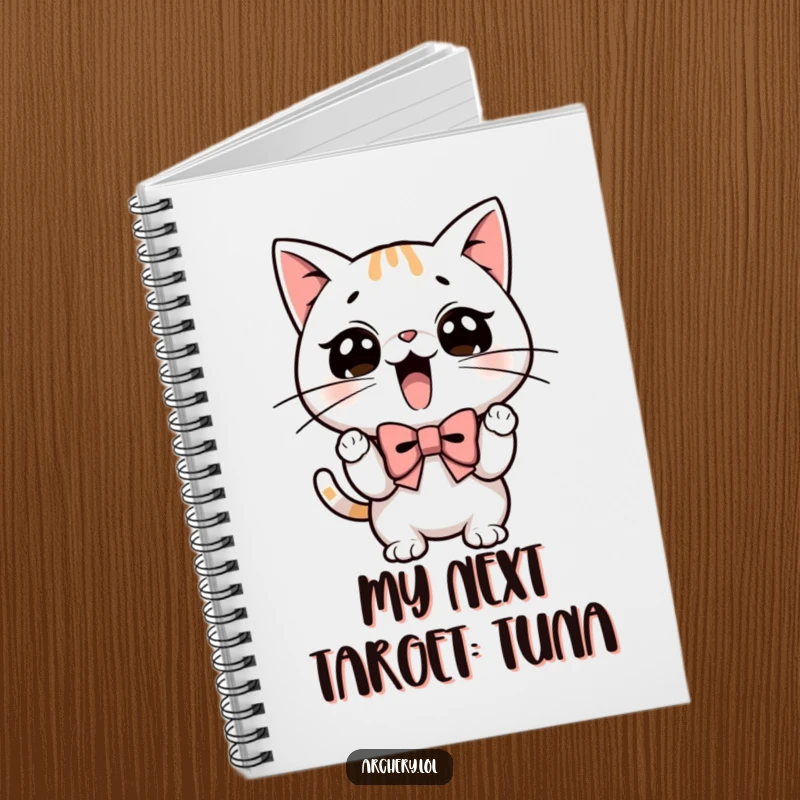 Funny notebook cover: A determined cat with focused expression, drawing a small bow with precision.