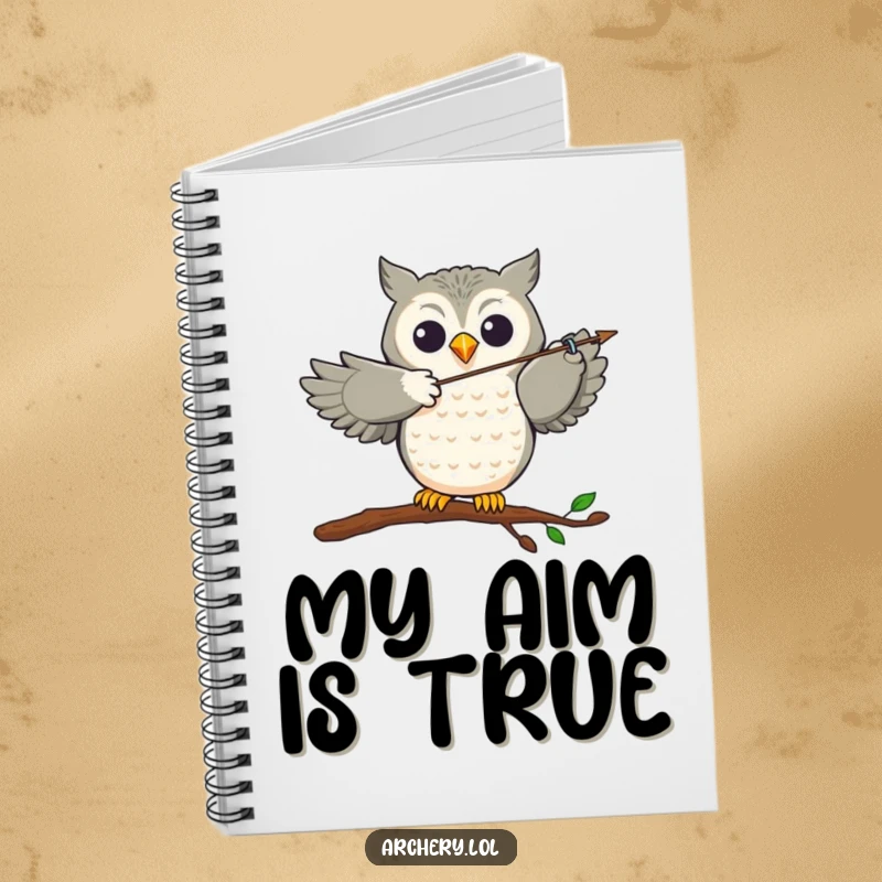 Funny Notebook: A joyful owl perched, aiming an arrow with accuracy, ready to capture notes and ideas.