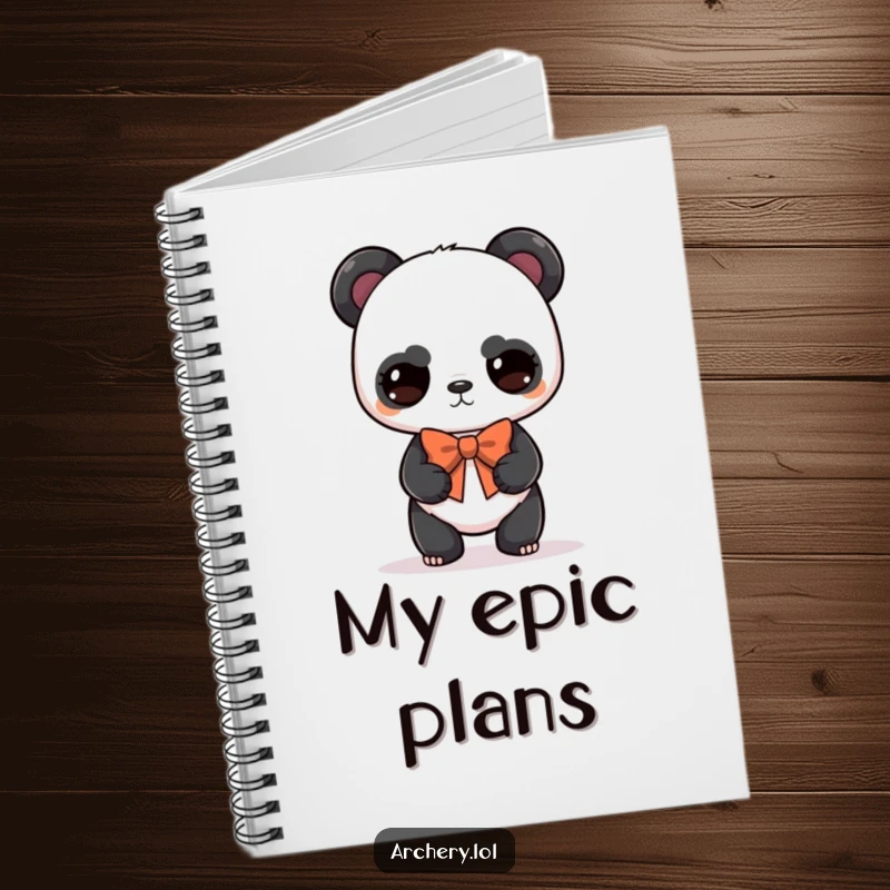 Funny panda archer notebook with a serious but cute panda balancing a bow, great for journaling and as a gift.