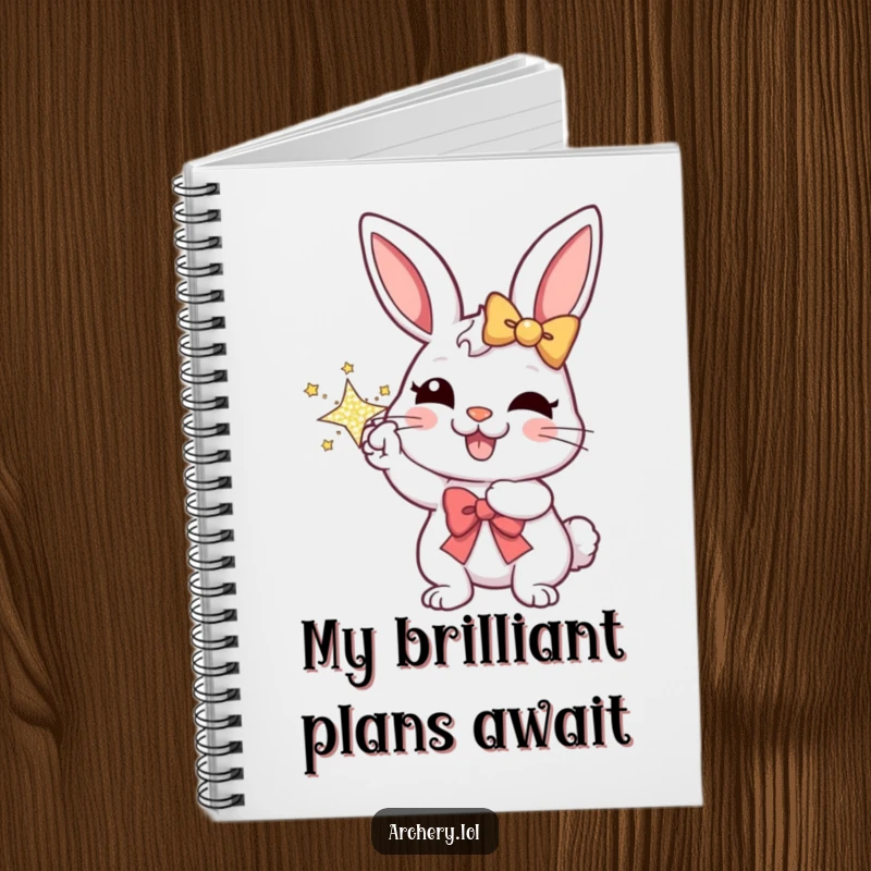 Funny notebook with a cheerful rabbit aiming a sparkly bow, designed for capturing notes and creative thoughts with a joyful spirit.