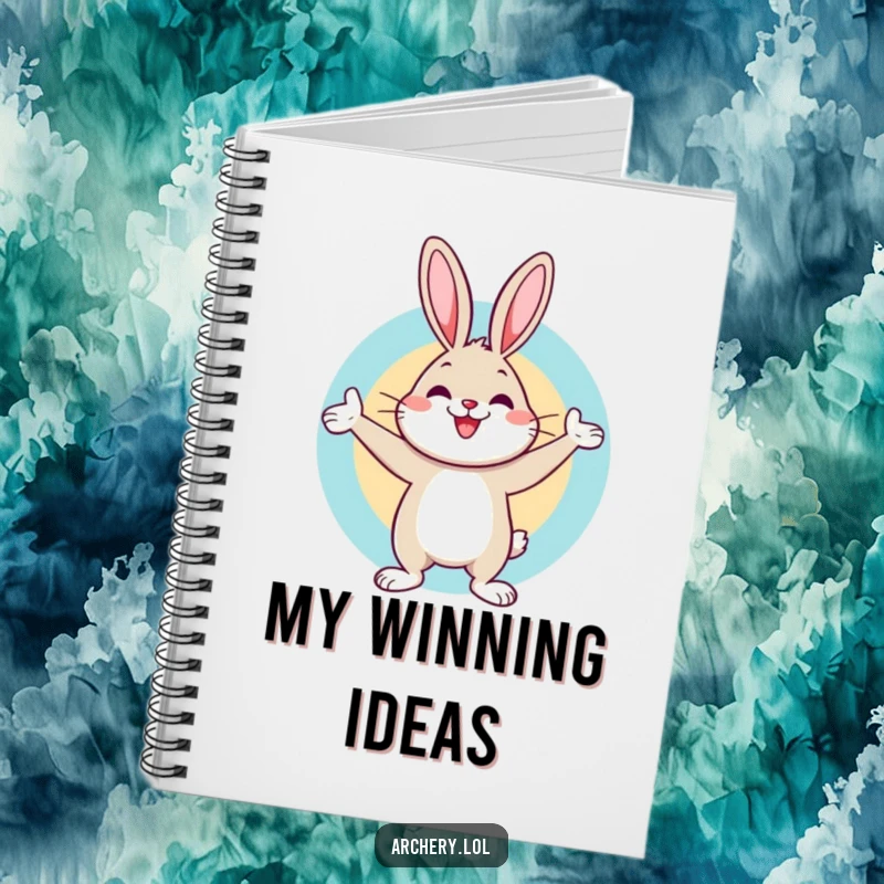 Funny notebook with a cheerful rabbit celebrating a bullseye hit, ideal for notes with a humorous, victorious archery theme.
