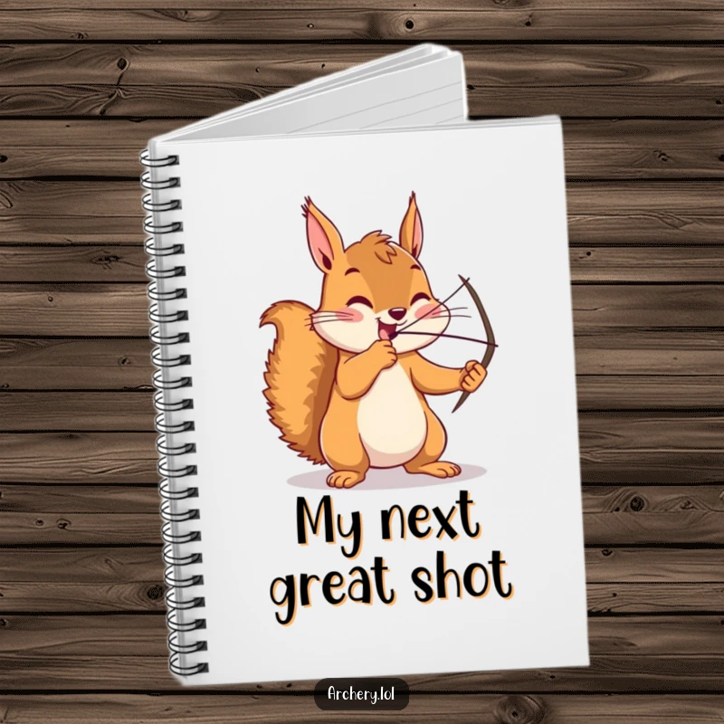 Funny squirrel notebook, an enthusiastic archer drawing a bow with intense focus, perfect for note-taking and planning.