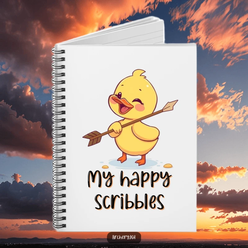 Funny duckling notebook showing a giggling duckling retrieving a flying arrow, ideal for journaling with a touch of playful fun.