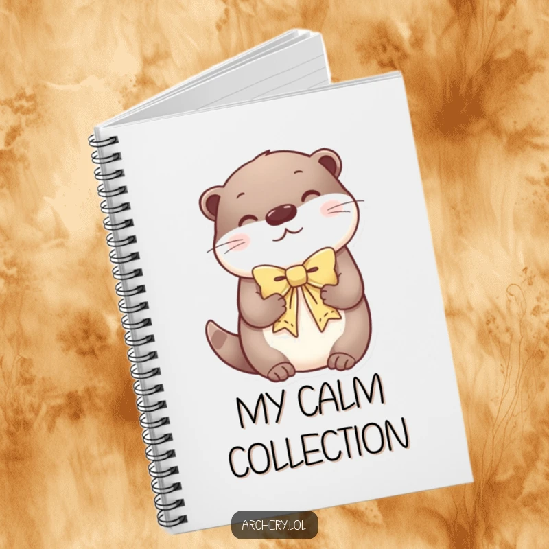 Funny notebook cover with a content otter holding a decorative bow, looking peaceful.