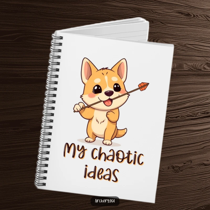 Funny notebook showcasing a silly dog holding a bow, its arrow accidentally shooting upwards, for humorous note-taking and doodling.