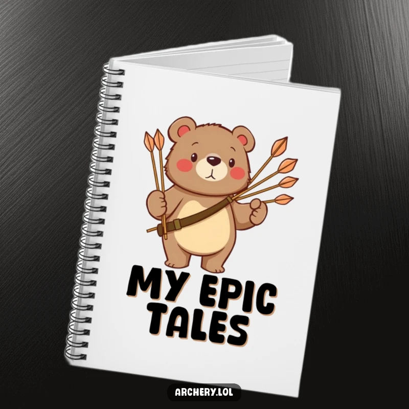 Funny bear notebook showing a proud bear holding a quiver of arrows, ideal for journaling with a touch of wild strength.