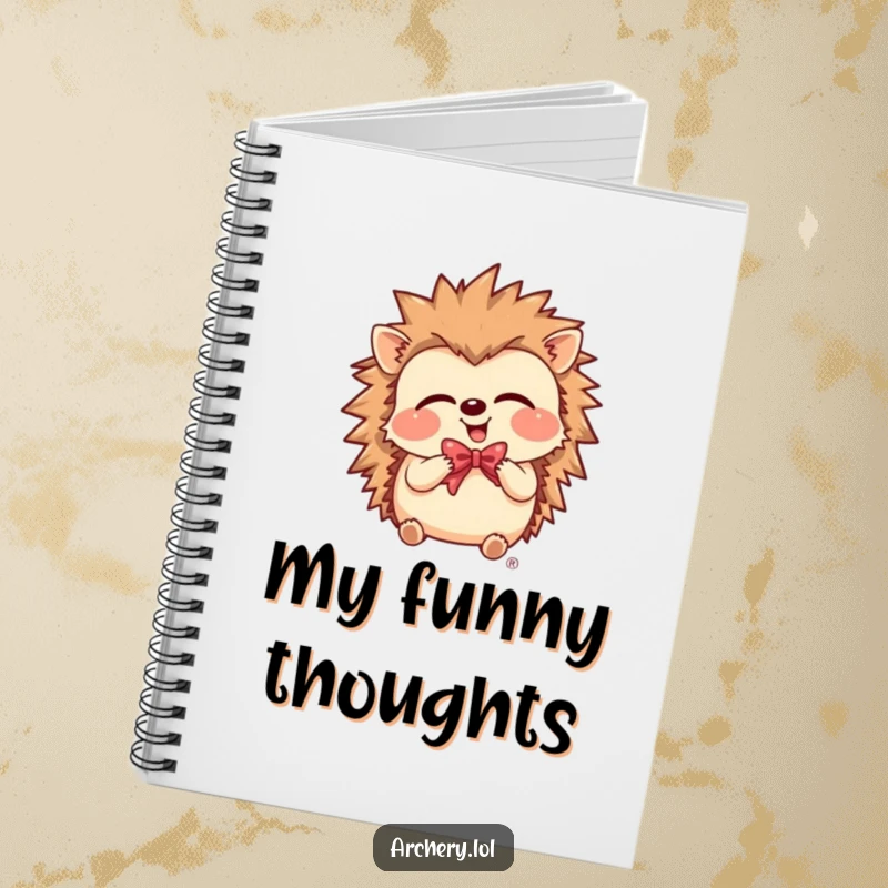 Funny Notebook with a giggling hedgehog holding a bow, perfect for writing and sketching happy ideas.