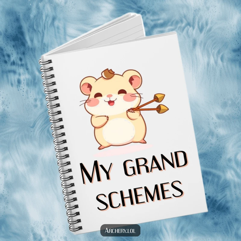Funny hamster notebook showing a happy hamster shooting a miniature arrow, ideal for journaling with a touch of tiny determination.