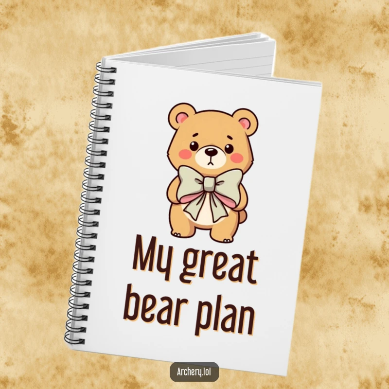 Funny notebook with a determined bear character ready to shoot a bow, ideal for note-taking with a humorous archery theme.