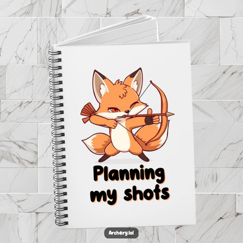 Funny notebook cover with a winking fox striking a dynamic archery pose, ready for action.