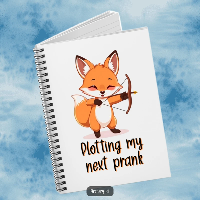 Funny playful fox notebook, twirling a bow and arrow with a sly grin, great for notes and planning.