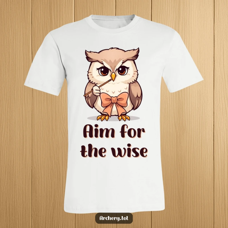 Funny owl archer t-shirt depicting a highly focused owl drawing a bow, great for gifting humorous bird designs.