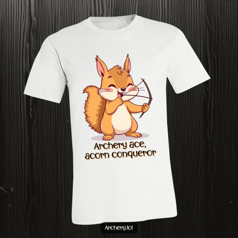 Funny squirrel t-shirt, enthusiastic archer in action, drawing a bow with intense focus, perfect for archery enthusiasts.