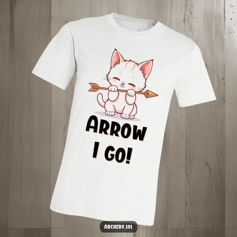 Funny t-shirt featuring a kitten playfully batting at an arrow, capturing a moment of adorable, chaotic feline curiosity.