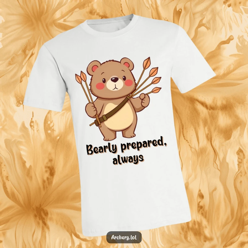 Funny bear t-shirt featuring a proud bear holding a quiver of arrows, exuding strength and archery dedication.