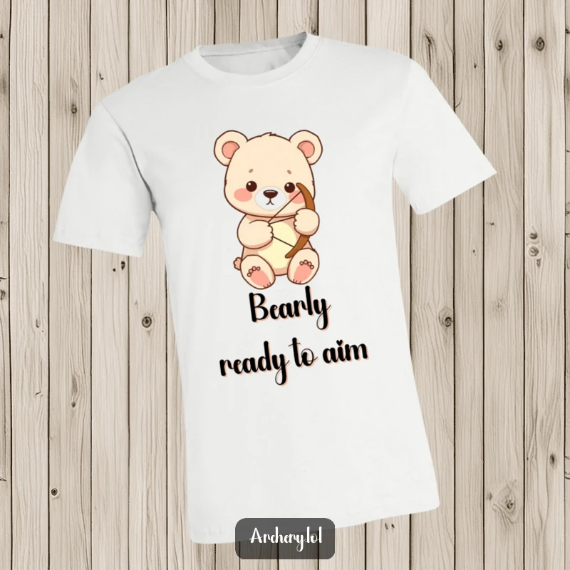Funny bear cub archer t-shirt featuring a focused cub holding a large bow with both paws, great humorous gift.