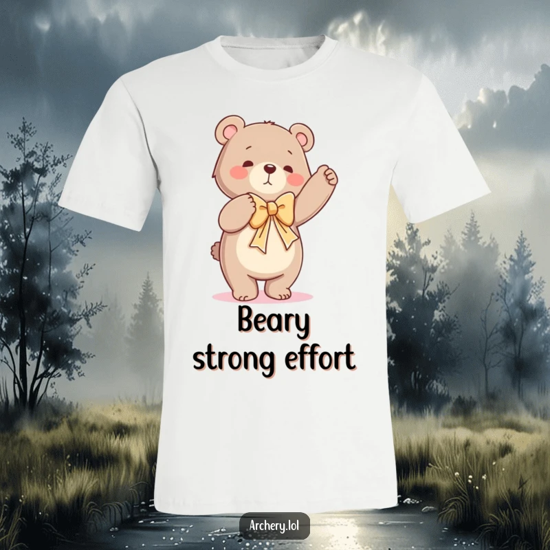 Funny t-shirt featuring a dancing bear intensely drawing a large bow, depicting a humorous struggle and a comical workout.
