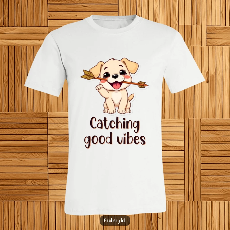 Funny Puppy Catching Arrow T-Shirt: A happy puppy catches an arrow in its mouth, ideal for a humorous gift.