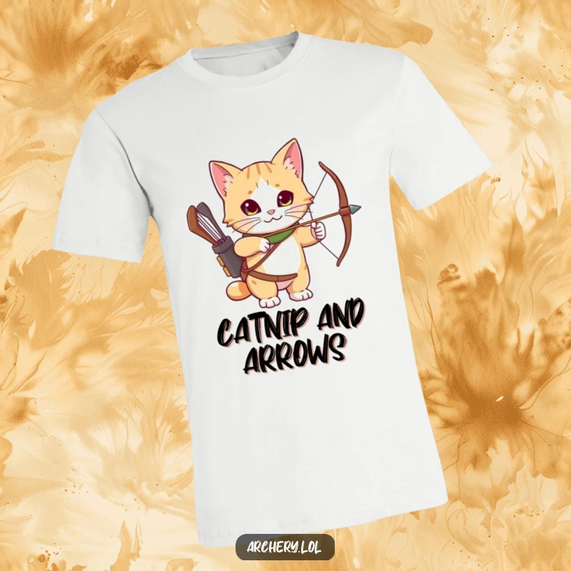 Funny T-Shirt: A curious cat sporting an archery quiver, looking alert and ready for a fun archery session.