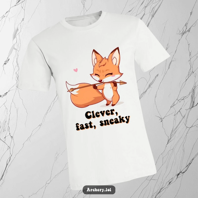 Funny Mischievous Fox T-Shirt: A fox winks playfully while shooting an arrow, showcasing its cunning and charm.