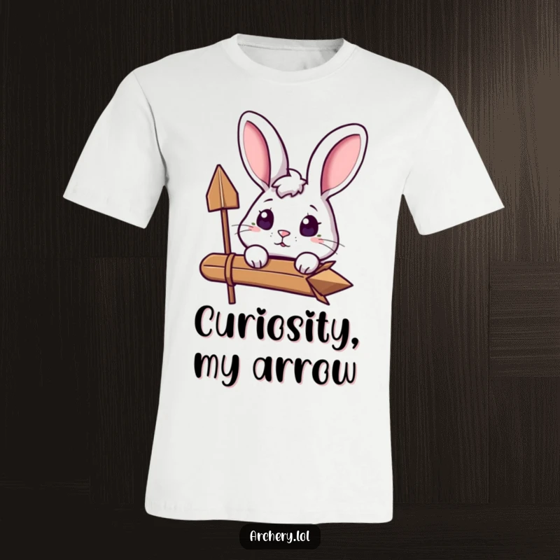 Funny Curious Rabbit T-Shirt: An excited bunny peeks over its drawn bow and arrow, looking curious and ready.