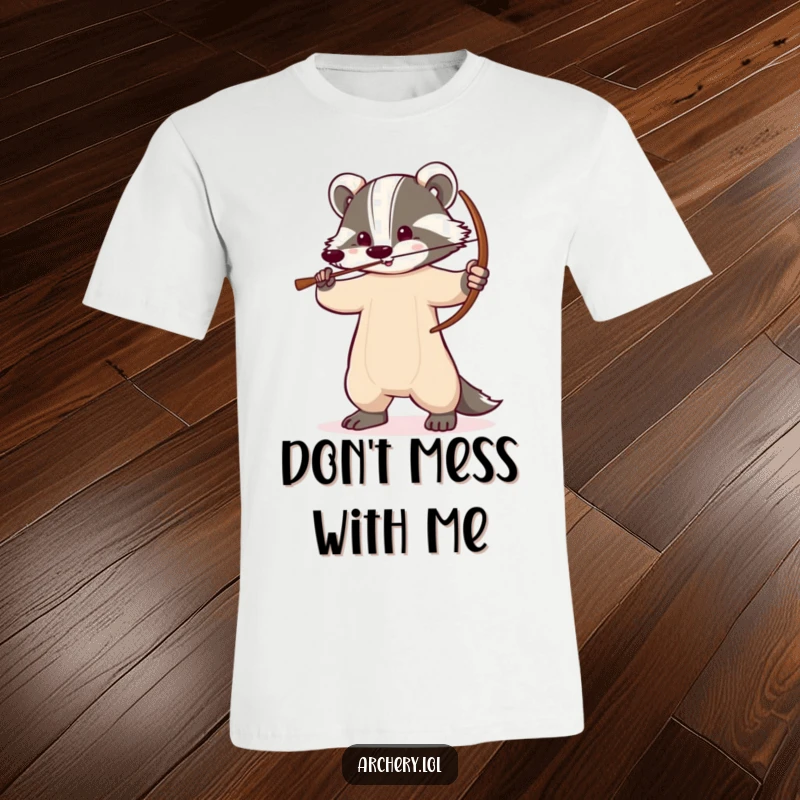 Funny badger t-shirt featuring a determined badger with a drawn bow, conveying focus and unwavering archery resolve.