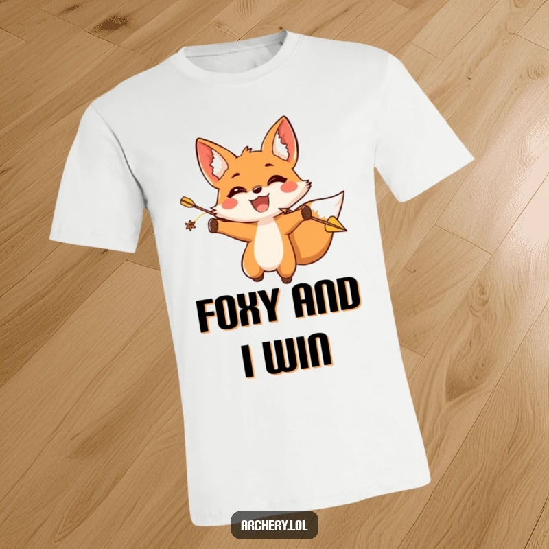 Funny fox archer t-shirt featuring a happy fox with a triumphant expression releasing an arrow, great humorous gift.