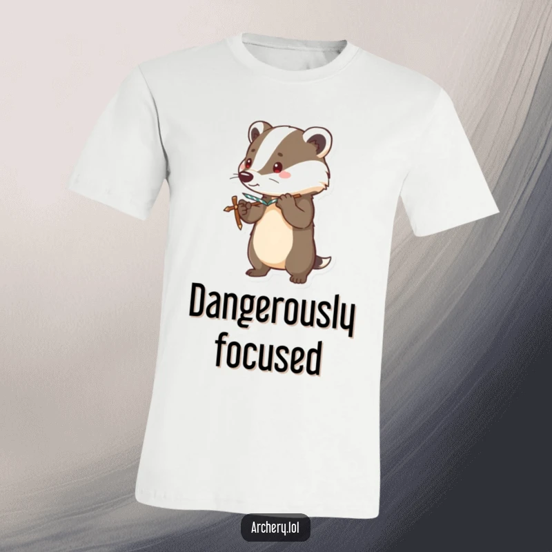 Funny t-shirt depicting a brave badger standing alert, bow drawn taut, ready to defend with a humorous, stoic expression.