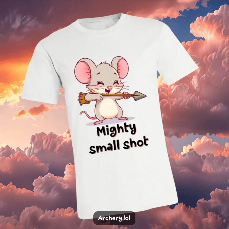 Funny mouse t-shirt, a brave little archer shooting an arrow with comical, exaggerated effort and great determination.