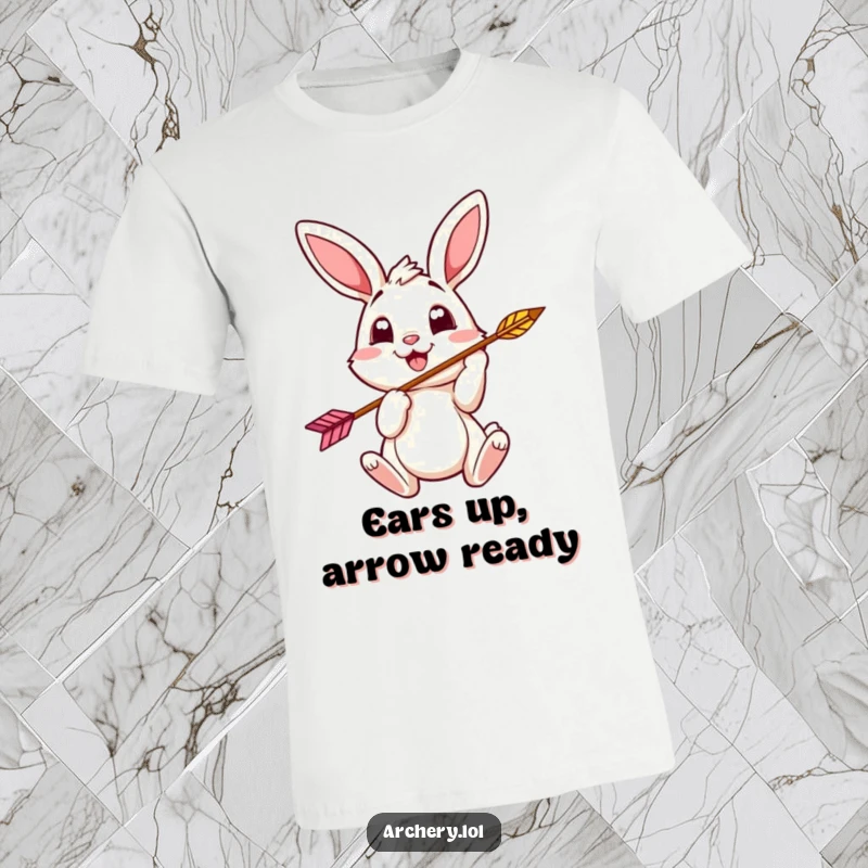 Funny bunny archer t-shirt featuring a cheerful bunny with eager eyes nocking an arrow, a great humorous gift.