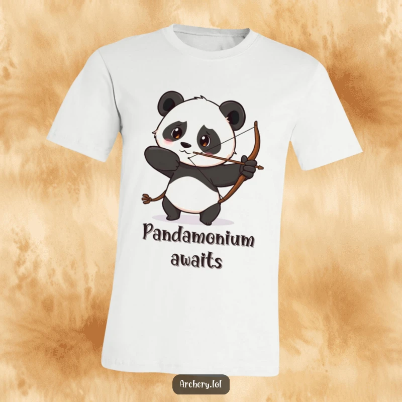 Funny t-shirt depicting a determined panda drawing its bow with a focused gaze, portraying intense, humorous concentration.