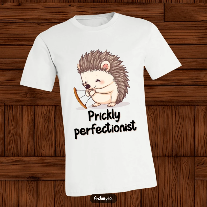 Funny t-shirt showcasing a curious hedgehog focused on the funny task of stringing a tiny, delicate bow.