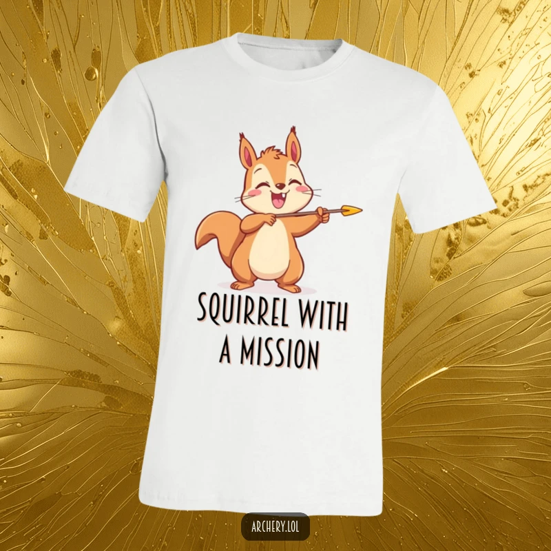 Funny Joyful Squirrel Archer T-Shirt: A happy squirrel joyfully releases an arrow, ideal for a humorous gift.