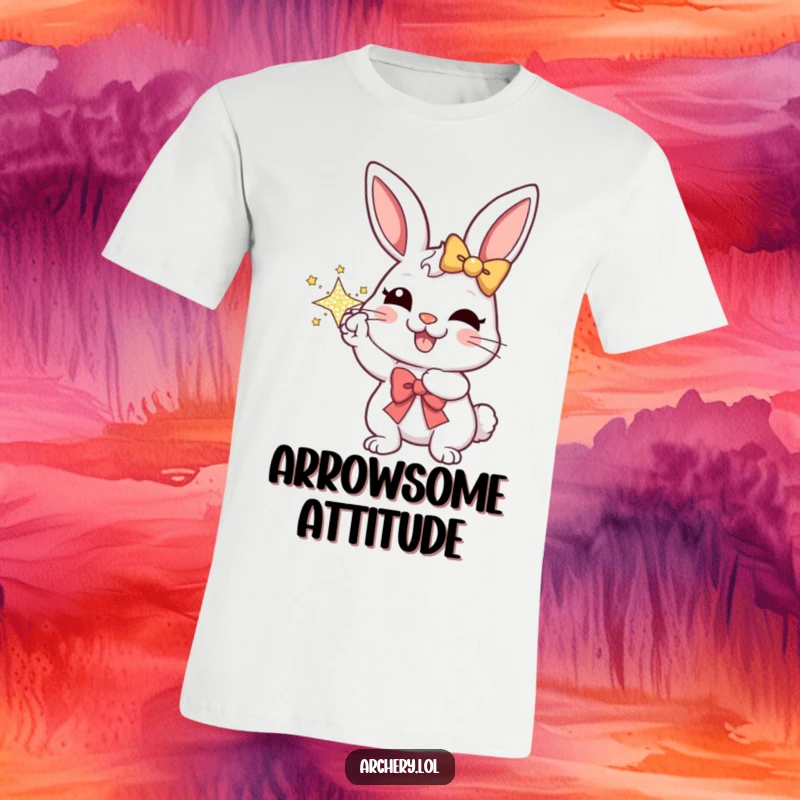 Funny t-shirt with a smiling rabbit character confidently aiming a sparkly bow, radiating joy and playful energy.