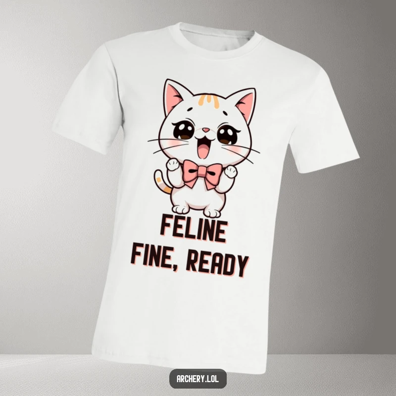 Funny t-shirt graphic of an excited cat with determined whiskers focused on drawing a bow.