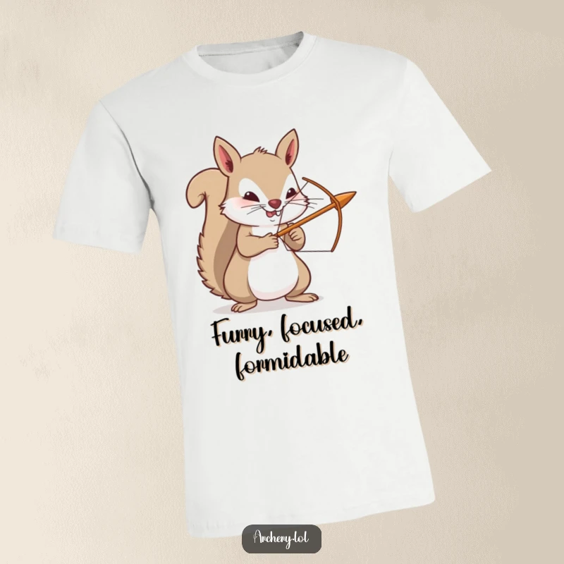 Funny squirrel tee shirt, a determined woodland archer with a tiny bow and arrow, ready for action and adventure.