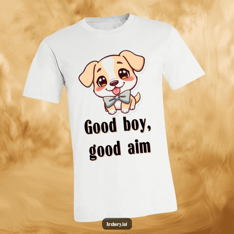 Funny Dog Archer T-Shirt: A cheerful dog with its tongue out, aiming a small bow with a happy expression.